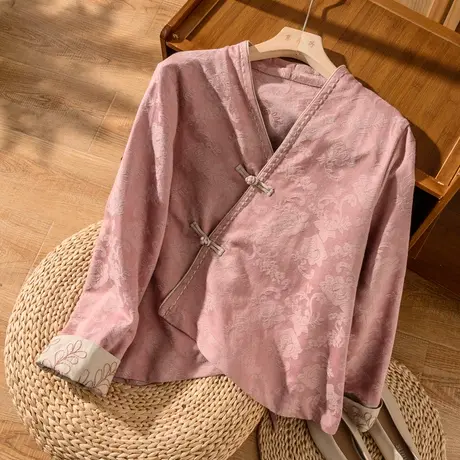 斜襟盘扣棉麻上衣中式文艺复古茶服外套女设计感小众2022春夏新款图片