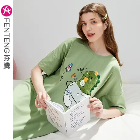 芬腾睡裙女夏季短袖纯棉中长裙可爱卡通韩版少女可外穿家居服睡衣商品大图
