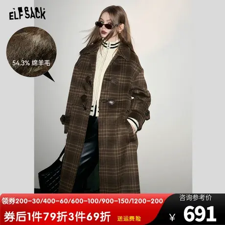 妖精的口袋牛角扣毛呢外套女2023冬季新款格子长款学院风呢大衣图片