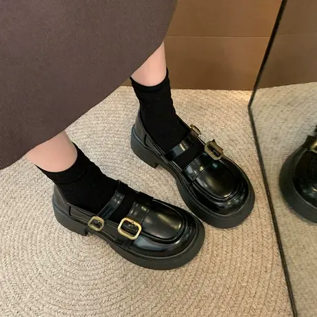 黑色气质玛丽珍鞋女鞋2024春季新款配裙子百搭ins超火粗跟小皮鞋图片