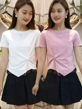 圆领套头不规则褶皱长袖T恤2023秋季宽松简约微透薄款亲肤打底衫商品大图