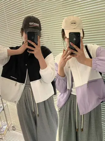 2023春季韩版时尚休闲拼色宽松棒球服外套女小个子立领开衫风衣商品大图