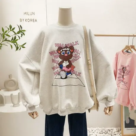 韩国东大门ins小熊卫衣2022春季新款印花宽松慵懒休闲上衣大码女图片