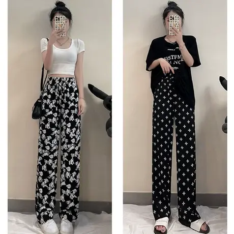 冰丝雪纺阔腿裤女夏季薄款2023年新款高腰垂感宽松直筒运动休闲裤商品大图