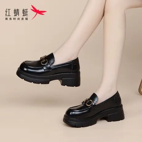 红蜻蜓女鞋新款厚底增高一脚蹬高跟乐福鞋女款皮鞋单鞋真皮夏季春商品大图