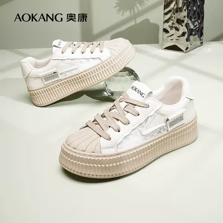 奥康女鞋2024春夏季新款贝壳头小白鞋网面透气饼干鞋图片