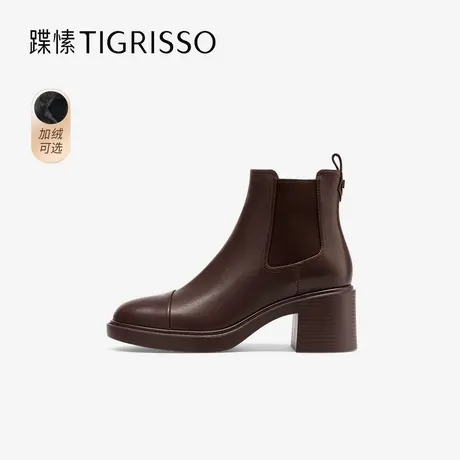 蹀愫秋冬季加绒真皮切尔西靴粗跟拼接烟筒短靴TA54709-12商品大图