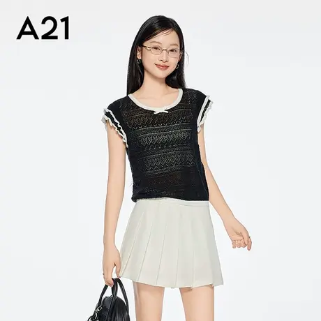 A21女装拼色圆领薄款毛针织衫2025夏季新款简约设计感飞飞袖上衣商品大图
