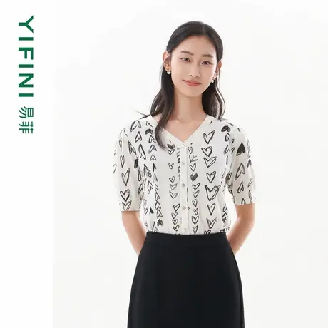 [专柜同款]Yifini/易菲 以爱之名 印花短款V领套头针织衫休闲毛衫商品大图