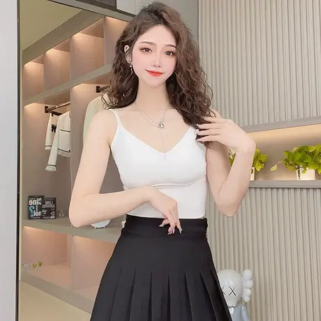 黑色纯欲性感小吊带背心女夏季法式深V领美背内搭打底带胸垫上衣商品大图