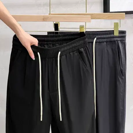 松紧腰冰丝薄款男士九分裤男裤夏季休闲裤男韩版潮流束脚运动裤子商品大图