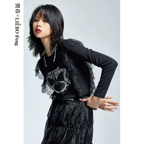 裂帛LIEBOFeng商场同2023年夏国潮设计师文艺蝴蝶刺绣蕾丝拼接T恤商品大图
