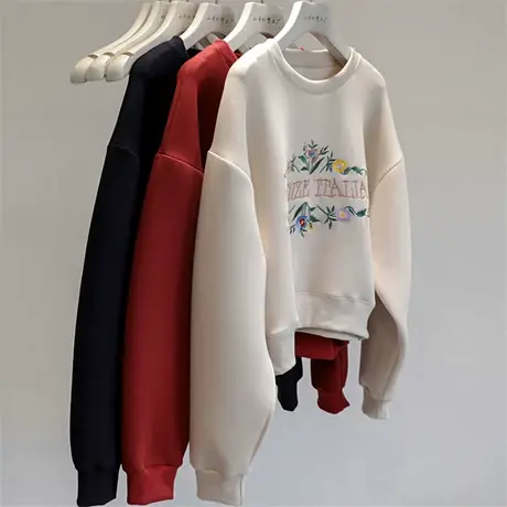 实力推荐，短款卫衣女春秋薄款美式复古刺绣圆领减龄时尚上衣外套图片