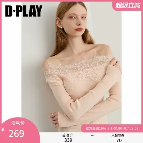 DPLAY2025秋季新款粉色针织衫女蕾丝拼接设计长袖羊毛上衣打底衫商品大图