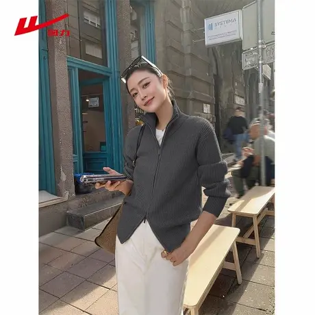 ZH回力灰色立领双拉链短款毛衣开衫男秋季新款慵懒风针织衫外套商品大图