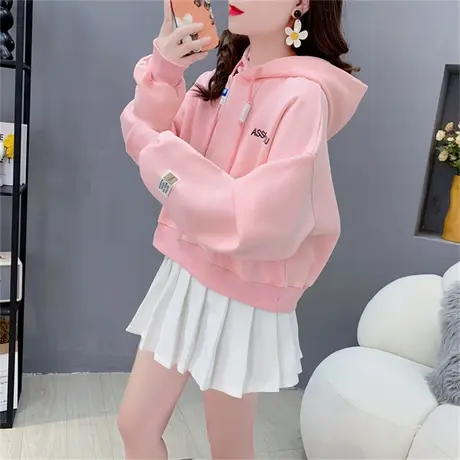 超火短款连帽卫衣女士春秋2023新款韩版宽松设计感小个子百搭上衣商品大图