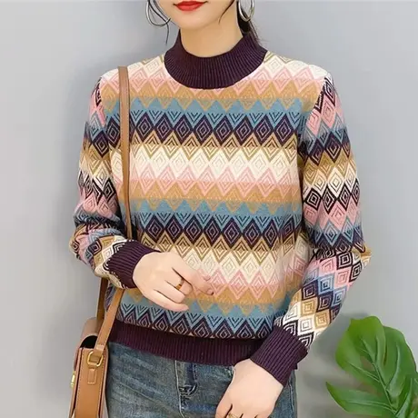 复古风半高领长袖针织套头毛衣女装2023秋冬新款菱形条纹内搭上衣图片
