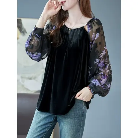 宝诗黎印花拼接丝绒雪纺衫长袖宽松2023新款圆领钉珠早秋减龄上衣商品大图