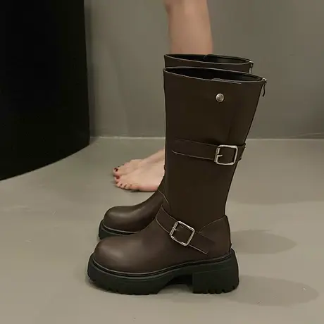 长筒靴女2023年春秋季新款网红炸街机车西部牛仔靴粗跟高跟骑士靴图片