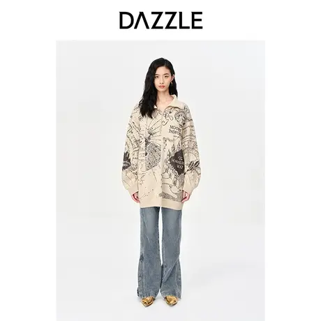 DAZZLE地素奥莱秋蓝色做旧水洗高腰侧开叉修身显瘦牛仔拖地裤女商品大图