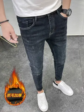 冬季男士加绒保暖休闲长裤潮流做旧猫须男款加厚修身显瘦牛仔长裤商品大图