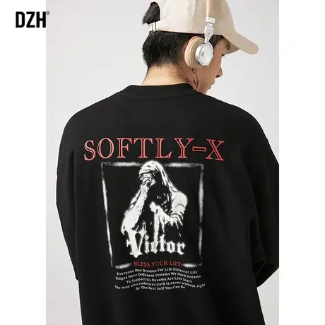 青少年潮牌重磅卫衣男秋冬款2023新款美式印花上衣黑色打底衫外套商品大图