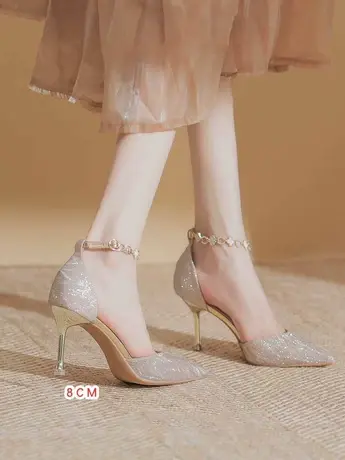 法式水晶尖头凉鞋女2023年夏季新款包头香槟色订婚鞋一字带高跟鞋图片