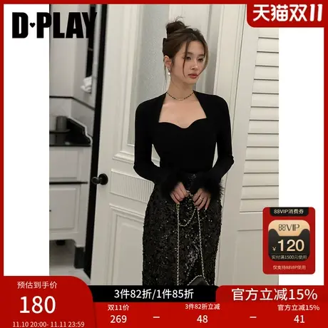 DPLAY2023冬名媛黑色美背宫廷领氛围感羽毛拼接修身针织衫女商品大图