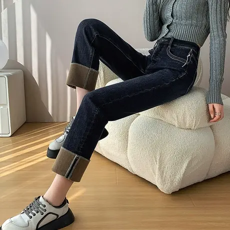 烟管牛仔裤女2023秋冬季新款高腰垂感显瘦加绒翻边撞色拼接直筒裤商品大图