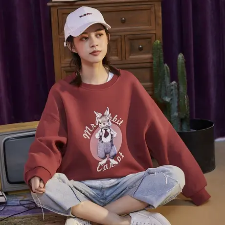 唐狮卫衣女装加绒早春秋新款圆领长袖薄款外套上衣服宽松学生潮流商品大图