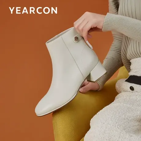 意尔康方头短筒时装靴秋冬女靴2023新款高跟靴子粗跟时尚真皮短靴图片