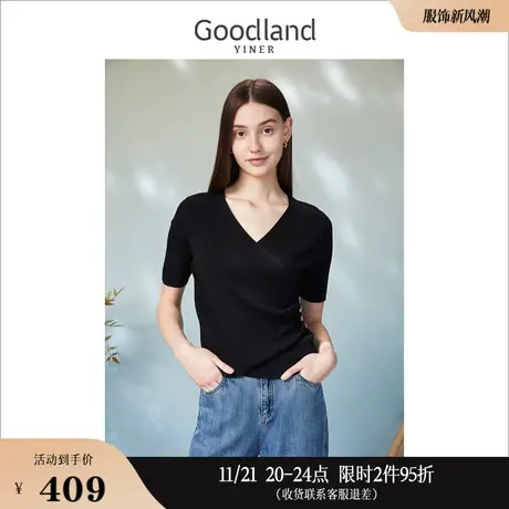 Goodland美地女装2023春季百搭金属扣装饰V领短袖针织衫套头商品大图