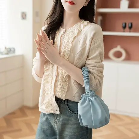 23065新款韩版女开衫外套上衣宽松长袖针织衫蕾丝百搭圆领毛衣图片
