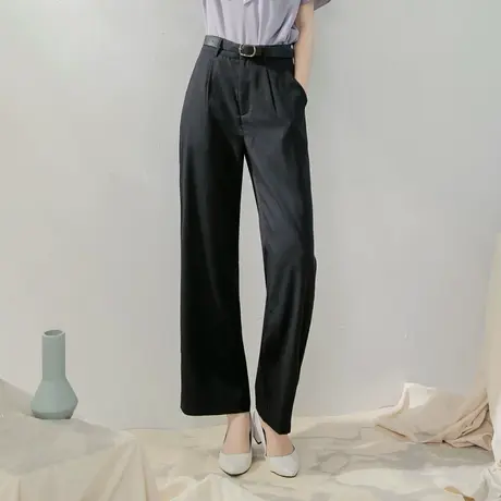 桔熊夏季简约通勤纯色高腰修身压褶舒适宽松长裤子女大码BA5729商品大图