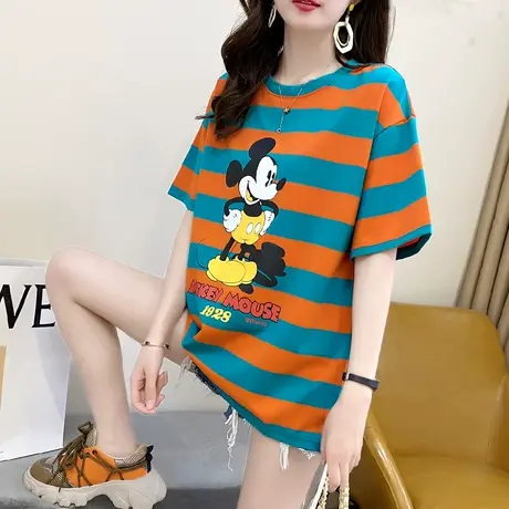 条纹短袖t恤女装夏纯棉宽松韩版米奇网红2023年新款上衣半袖体恤图片