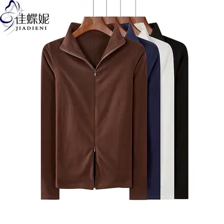 春秋季新款韩版高领双拉链修身德绒长袖体恤上衣内搭女装开衫外套商品大图