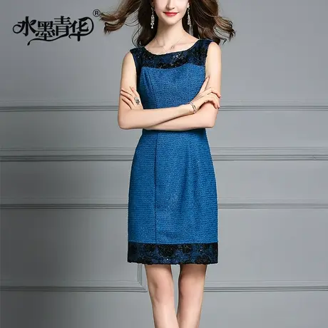 【1件7.9折】冬新款网纱盘花亮片拼贴无袖连衣裙粗格呢背心裙图片