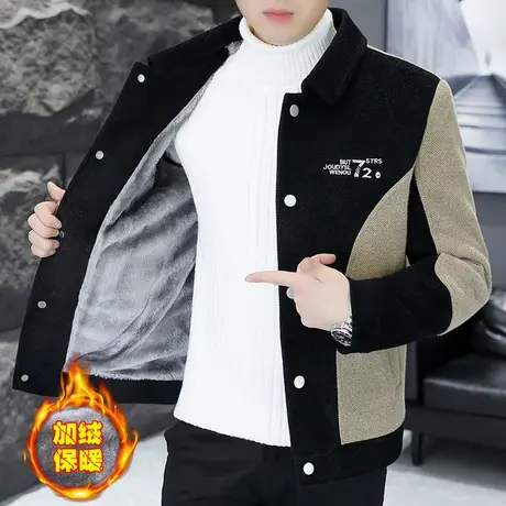 冬季时尚轻奢金貂绒夹克男士青年痞帅气短款毛呢大衣外套加绒加厚商品大图