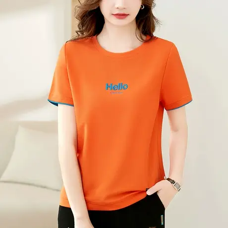 正肩短袖t恤女夏装2024年新款时尚百搭刺绣上衣圆领宽松体恤衫潮商品大图