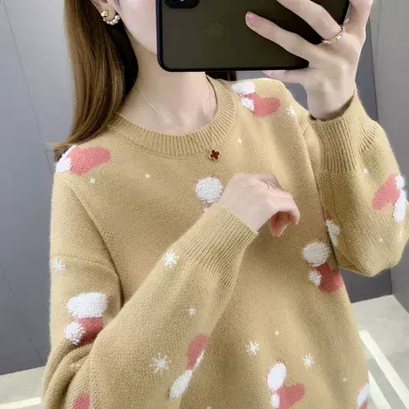2023年秋冬新款日系甜美盐系温柔风减龄提花长袖毛衣针织衫上衣女图片