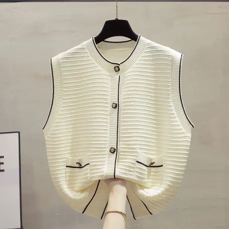小香风圆领针织开衫马甲背心女2023秋装新款外穿马夹镂空毛衣坎肩图片