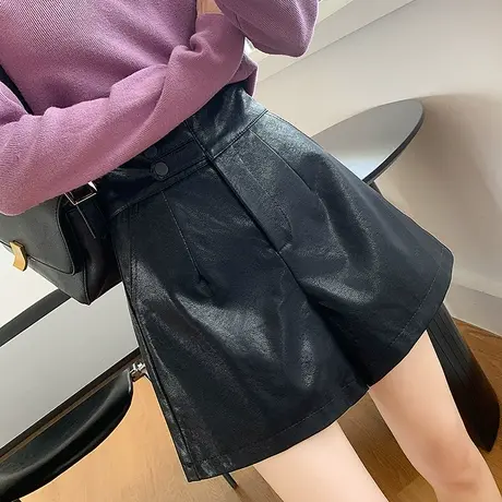 皮裤女短裤秋冬2022新款高腰宽松显瘦百搭外穿阔腿a字PU皮靴裤子商品大图