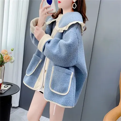 粉色娃娃领羊羔毛外套女秋冬2023年新款宽松慵懒风洋气减龄上衣潮商品大图