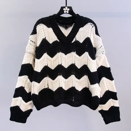 撞色条纹镂空毛衣女秋冬2023新款宽松慵懒风时尚短款V领针织上衣商品大图