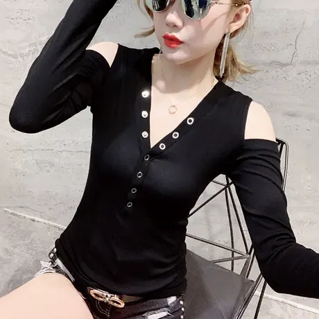 2024新款气质女装性感露肩V领T恤女长袖春秋修身显瘦洋气上衣小衫商品大图