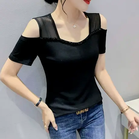 2024夏新款网纱拼接镂空T恤女短袖性感露肩洋气上衣显瘦百搭小衫商品大图