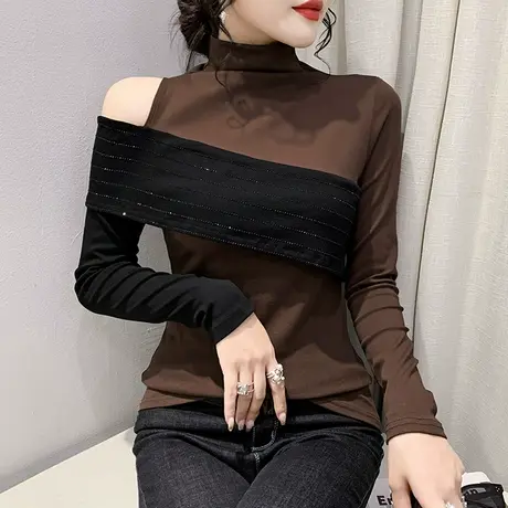 半高领打底衫女内搭长袖春秋洋气烫钻拼色不规则上衣性感露肩T恤商品大图