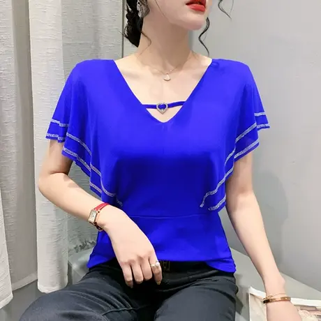 性感V领T恤女短袖2024夏季新款时尚洋气荷叶边小衫烫钻网纱上衣潮商品大图