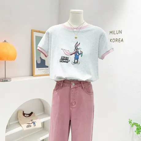 小个子短袖上衣2023夏款韩系ins温柔粉色螺纹纯棉短款T恤打底衫图片