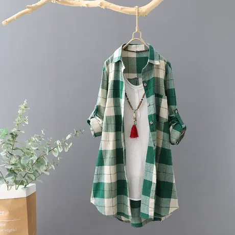 文艺范中长款格子长袖衬衫女秋季新款宽松外套衬衣薄款开衫上衣服图片